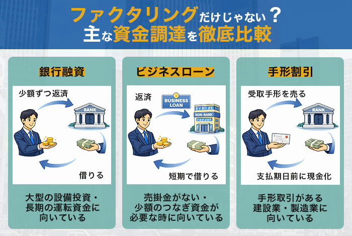 ファクタリングだけじゃない?主な資金調達6種を徹底比較