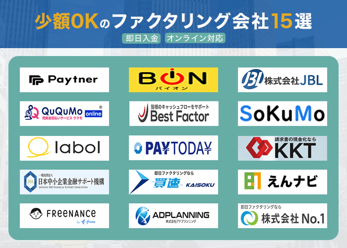 少額OKのファクタリング会社15選！即日入金・オンライン対応