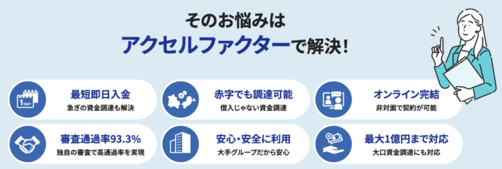 アクセルファクターは最短即日入金、赤字OK、オンライン完結、審査通過率93.3%、安全安心、最大1億円対応の先払いファクタリング