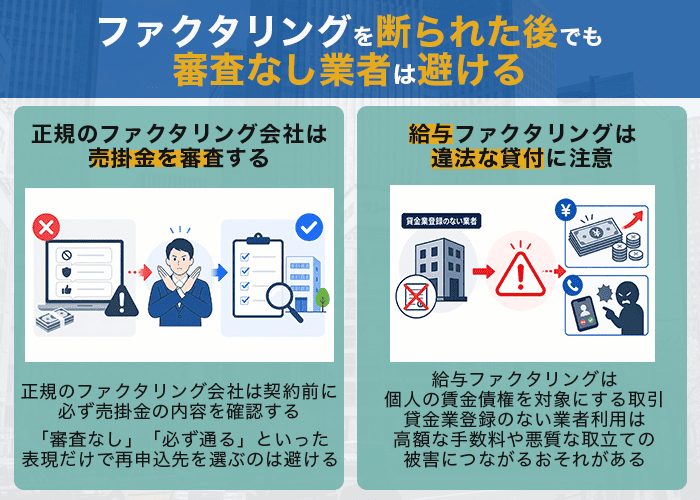 ファクタリングを断られた後でも審査なし業者は避ける