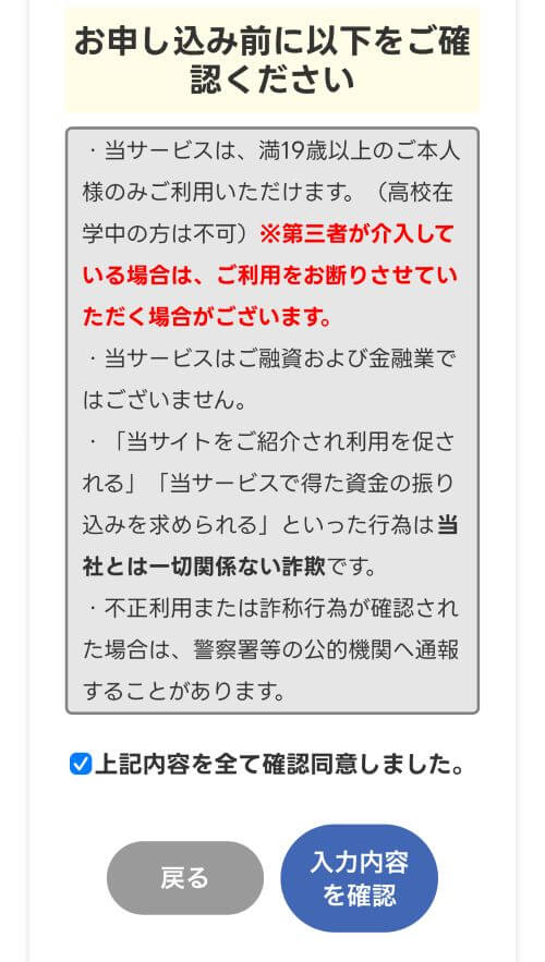 確認後「入力内容を確認」をタップする