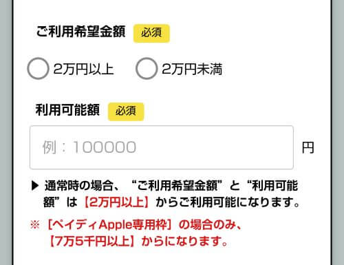 ココイー希望金額入力画面