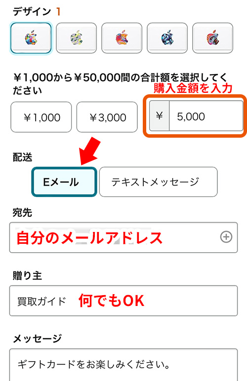 購入金額を入力、Eメールを選択、宛先に自分のメールアドレスを入力