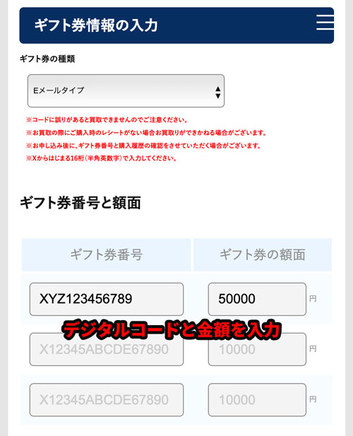 Appleギフトカードのデジタルコードと金額を入力