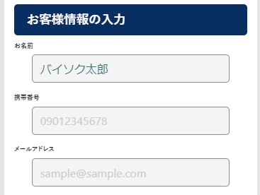 バイソクの申込フォームに名前、携帯番号、メールアドレスを入力