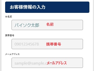 申込画面で個人情報（名前、メールアドレス、電話番号）を入力