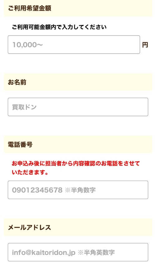ご利用希望金額、お名前、電話番号、メールアドレスの入力