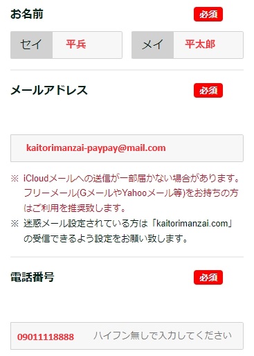 名前とメールアドレス、電話番号を入力