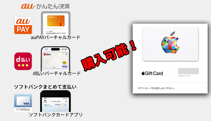 Appleギフトカードはキャリア決済（d払い、auかんたん決済、ソフトバンクまとめて支払い）で購入可能