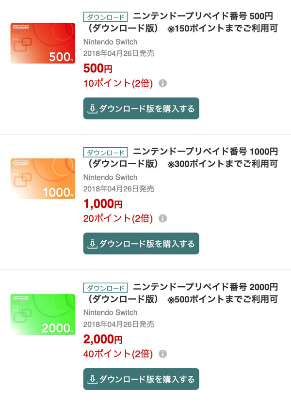 ニンテンドープリペイド番号 500円、1,000円、2,000円