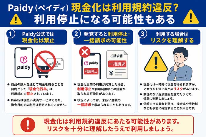 Paidy(ペイディ)現金化は利用規約違反?利用停止になる可能性もある
①Paidy公式では現金化は禁止
②発覚すると利用停止・一括請求の可能性
③利用する場合はリスクを理解する