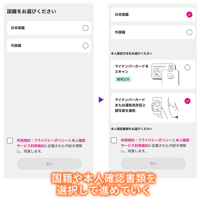 国籍と本人確認書類を選択する