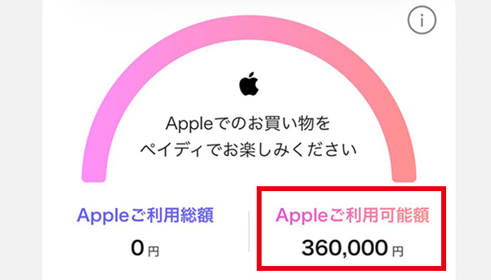 ペイディあと払いプランApple専用の利用可能額は360,000円でした。