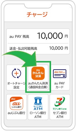 auPAY残高のチャージ方法選択画面で、auかんたん決済 通信料金合算を選ぶ