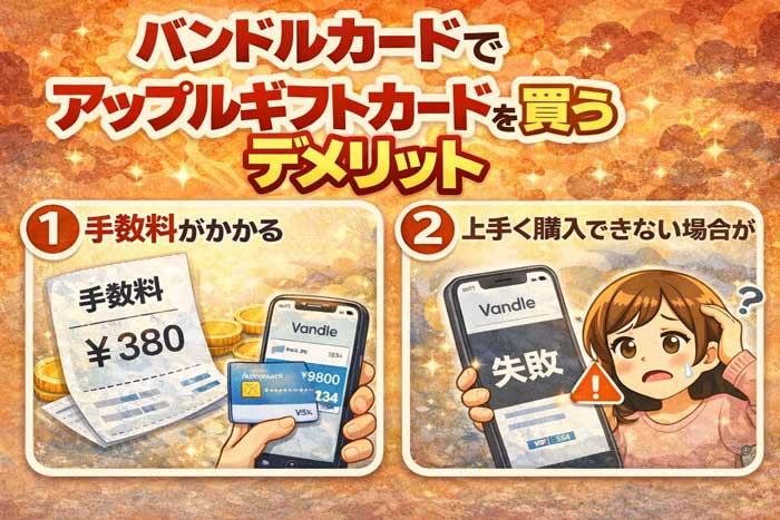 バンドルカードでアップルギフトカードを買うデメリット
・手数料がかかる
・上手く購入できない場合がある