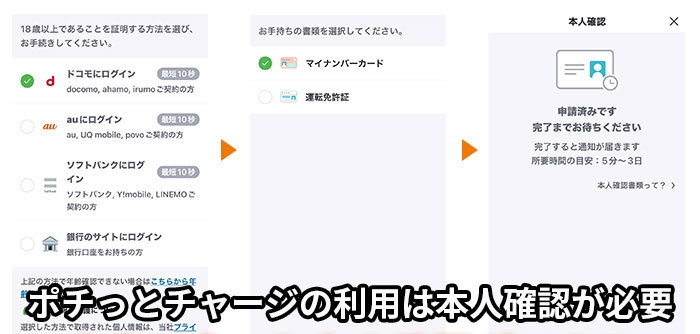 ポチっとチャージの利用は本人確認が必要