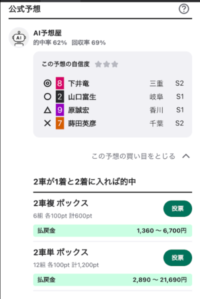 ウィンチケット競輪のAI予想画面