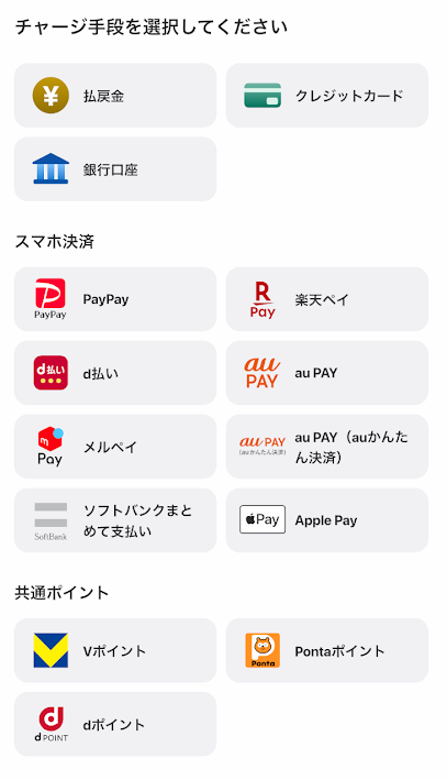 ウィンチケットのチャージ方法選択画面