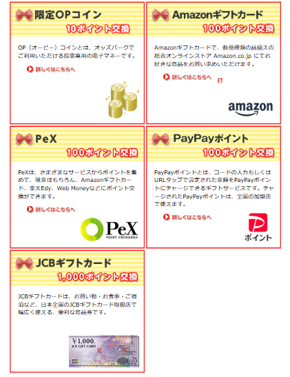 オッズパークのポイントで交換できる景品