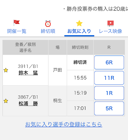 テレボートの「お気に入り」画面