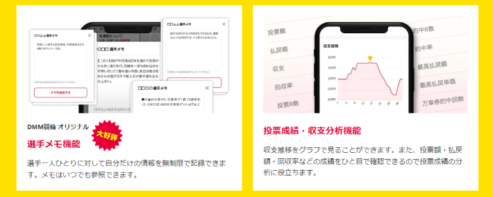 投票成績や収支推移をグラフで確認できる機能や選手についてメモできる機能