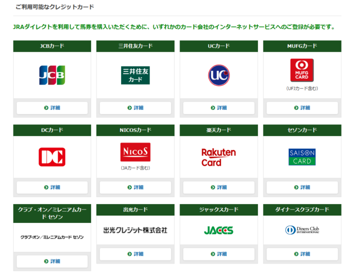 JRAダイレクトで利用できるクレジットカード一覧