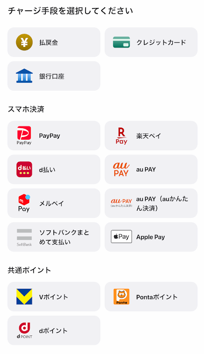 ウィンチケットのチャージ方法選択画面