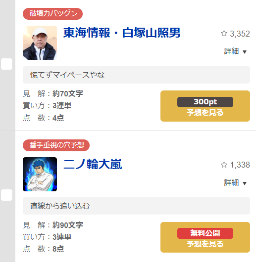 予想には無料のものも、有料のものもある