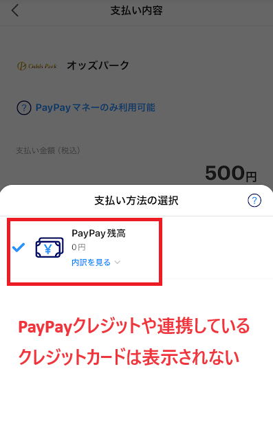 PayPayのオッズパークへの支払い画面