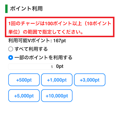 最低100ポイントからチャージできる