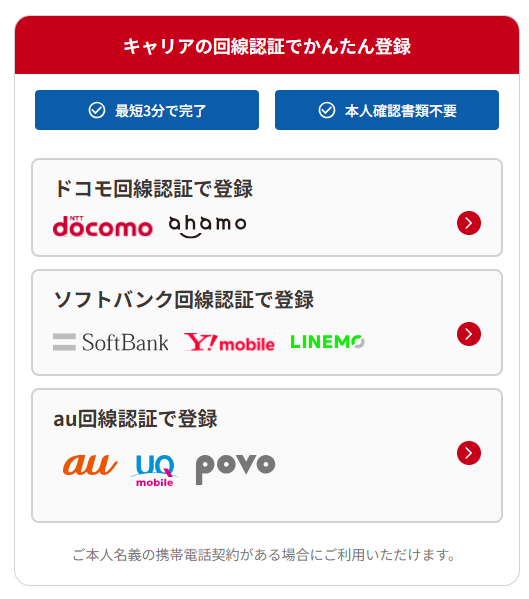 チャリロトの「スマホキャリア認証」登録