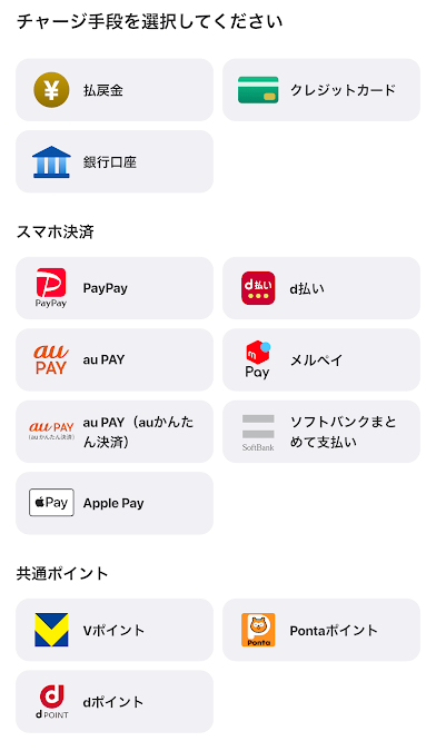ウィンチケットのチャージ方法選択画面