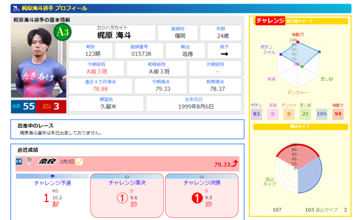 選手一人ひとりのプロフィールページ