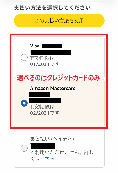 選べるのはクレジットカードのみ