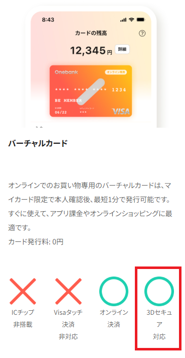 ワンバンクは3Dセキュアに対応している