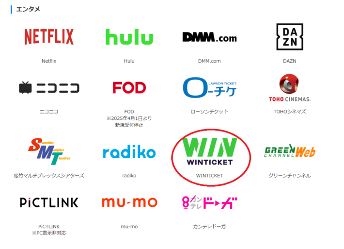 ソフトバンクの使えるサイトにウィンチケットは記載してある