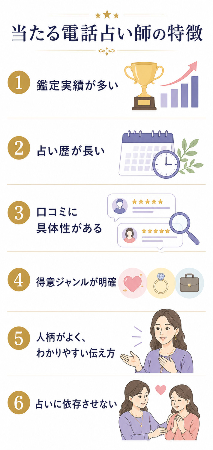 当たる電話占い師の特徴9つ。鑑定実績が多い、占い歴が長い、口コミに具体性がある、得意ジャンルが明確、人柄がよくわかりやすい伝え方、占いに依存させない