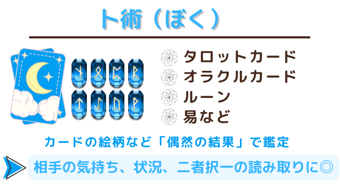 卜術(ぼく)の占いの種類は、タロットカード、オラクルカード、ルーン、易など。カードの絵柄など「偶然の結果」で鑑定するため、相手の気持ちや状況、二者択一の読み取りに最適。