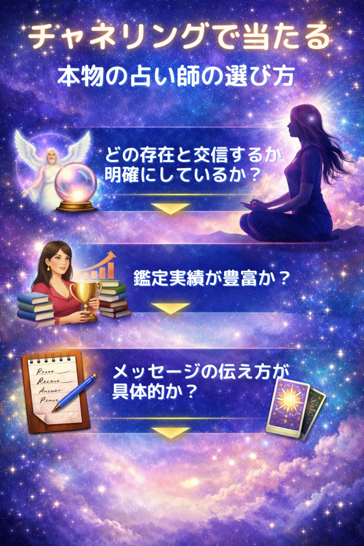 チャネリングで当たる、本物の占い師の選び方①どの存在と交信するかを明確にしているか？②鑑定実績が豊富か？③メッセージの伝え方が具体的か？