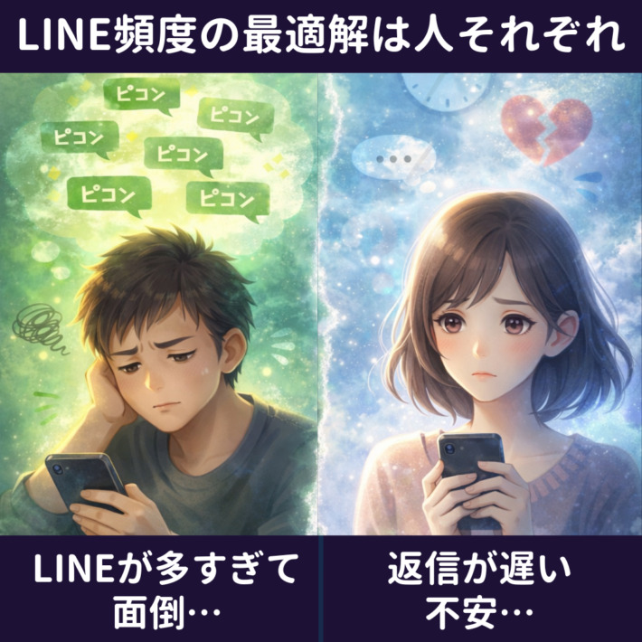LINE頻度の最適解は人それぞれ。「LINEが多すぎて面倒……」と悩む男性と「返信が遅い……不安」と悩む女性のイメージ画像