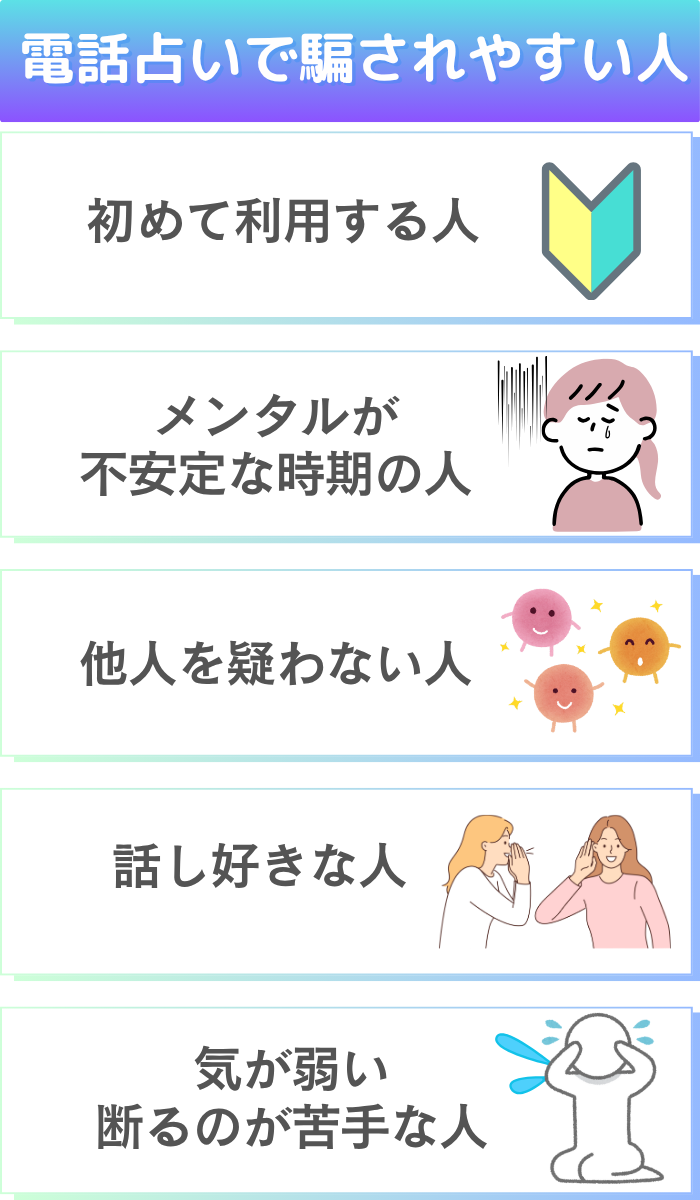 電話占いで騙されやすい人の特徴①初めて利用する人 ②メンタルが不安定な時期の人 ③他人を疑わない人 ④話し好きな人 ⑤気が弱い、断るのが苦手な人