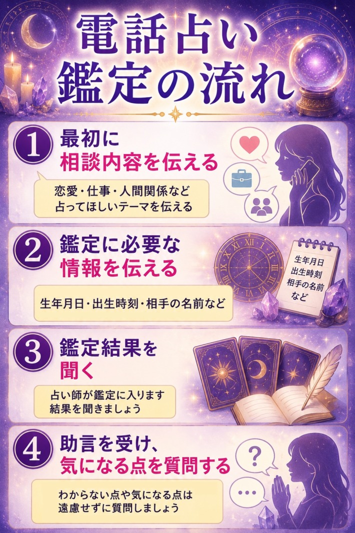 電話占いの鑑定の流れを4ステップで解説したイメージ図。相談内容を伝える、必要情報を伝える、鑑定結果を聞く、助言を受けて質問する