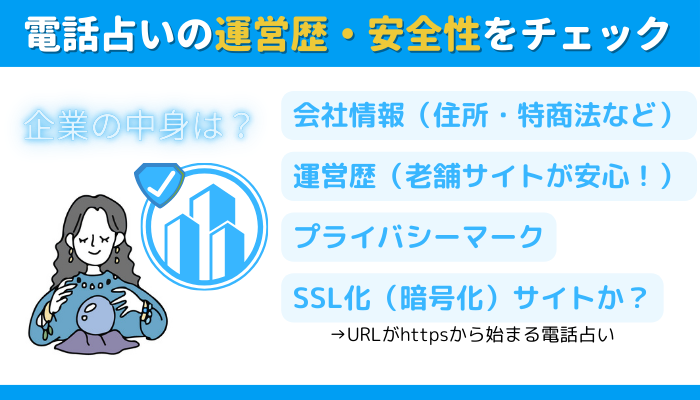 電話占いサイトの運営歴・安全性をチェック
会社情報(住所・特商法など)、運営歴(老舗サイトが安心!)、プライバシーマーク、SSL化(暗号化)サイトか?(URLがhttpsから始まる電話占い)など