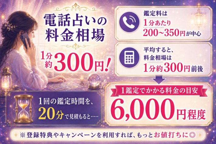 電話占いの料金相場は1分約300円！鑑定料は1分あたり200～350円が中心。平均すると、料金相場は１分約300円前後。1回の鑑定時間を、20分で見積もると、1鑑定でかかる料金の目安は6,000円程度。登録特典やキャンペーンを利用すればもっとお値打ち