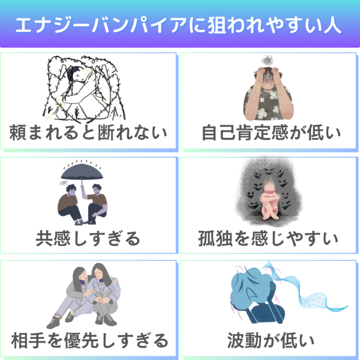 エナジーバンパイアに狙われやすい人①頼まれると断れない②自己肯定感が低い③共感しすぎる④孤独を感じやすい⑤相手を優先しすぎる⑥波動が低い
