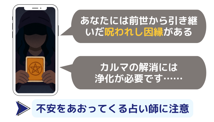 「あなたには前世から引き継いだ呪われし因縁がある」「カルマの解消には浄化が必要です」など、不安をあおってくる占い師には注意