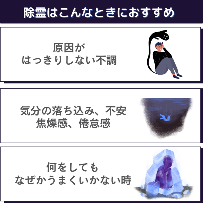 除霊はこんなときにおすすめ①原因がはっきりしない不調 ②気分の落ち込み、不安、焦燥感、倦怠感 ③何をしてもなぜかうまくいかない時