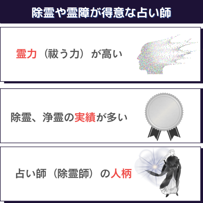 除霊や霊障が得意な占い師の選び方①霊力(祓う力)が高い ②除霊・浄霊の実績が多い ③占い師(除霊師)の人柄