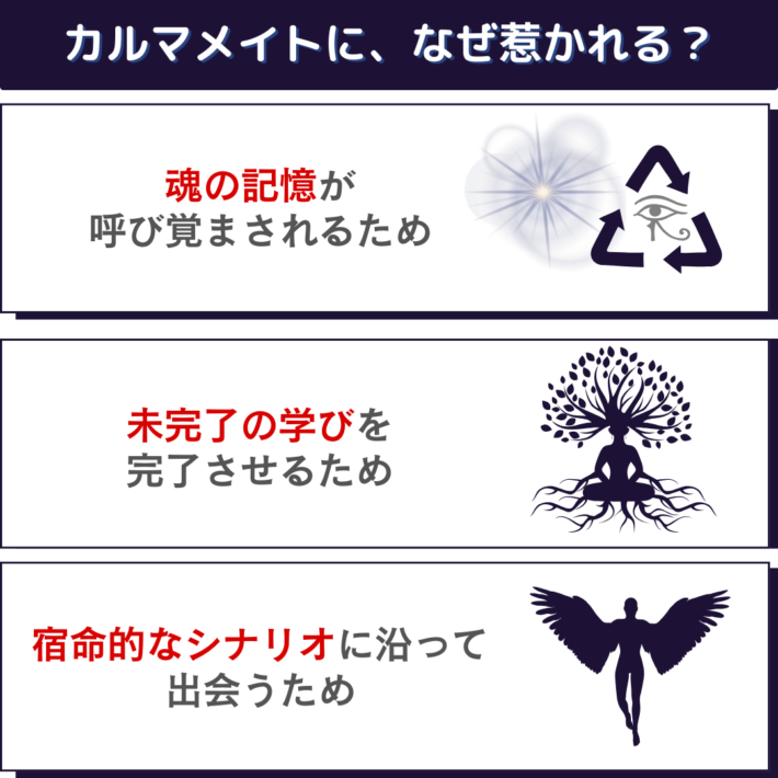 カルマメイトに何故惹かれる？①魂の記憶が呼び覚まされるため ②未完了の学びを完了させるため ③宿命的なシナリオに沿って出会うため