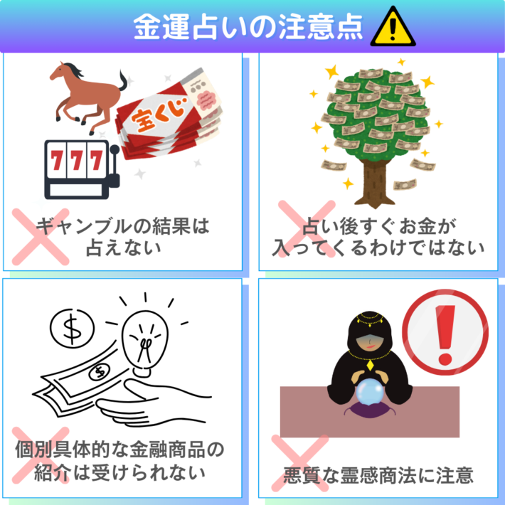 金運占いの注意点①ギャンブルの結果は占えない(競馬、宝くじ、スロットなど)②占い後すぐにお金が流れ込んでくるわけではない③個別具体的な金融商品の紹介は受けられない④悪質な霊感商法に注意